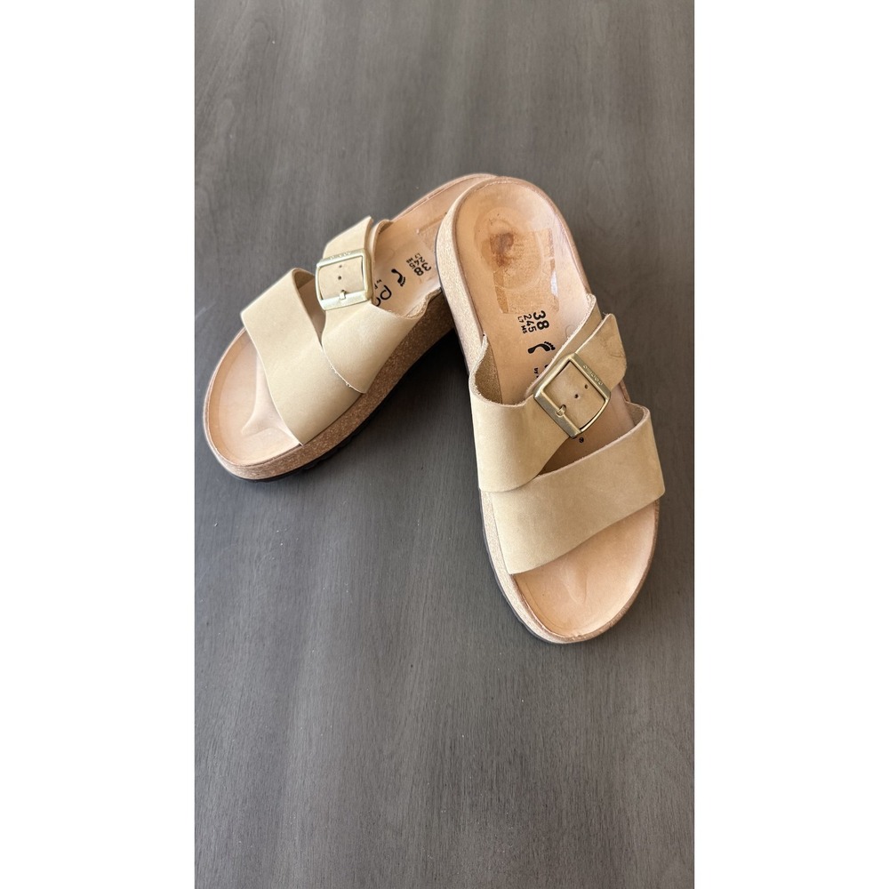 Papillio By Birkenstock Sandals Womens Size 7 Beige Leather Platform Wedge Slide
